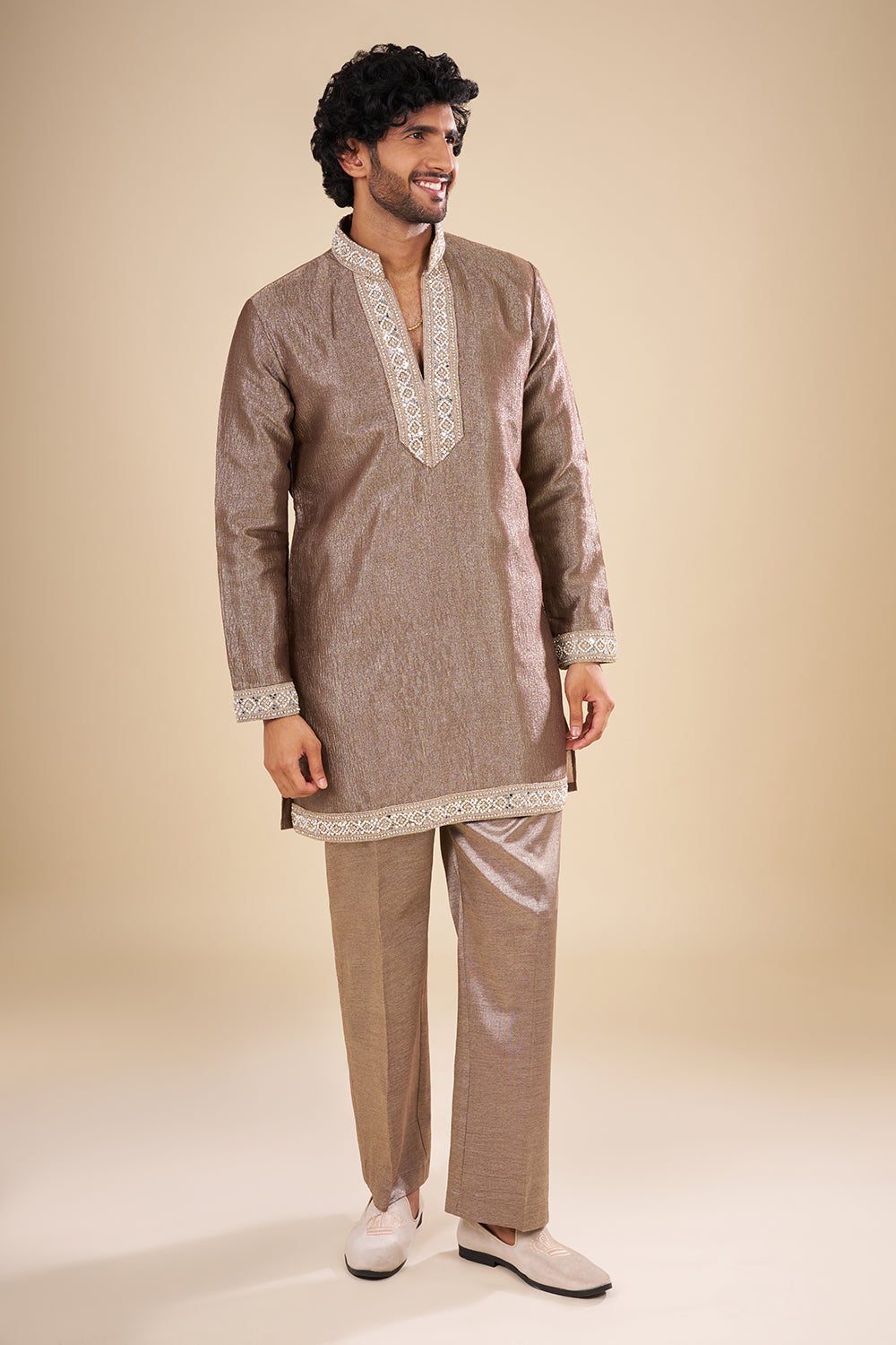 Metallic Taupe Silk Kurta Set with Resham Embroidery
