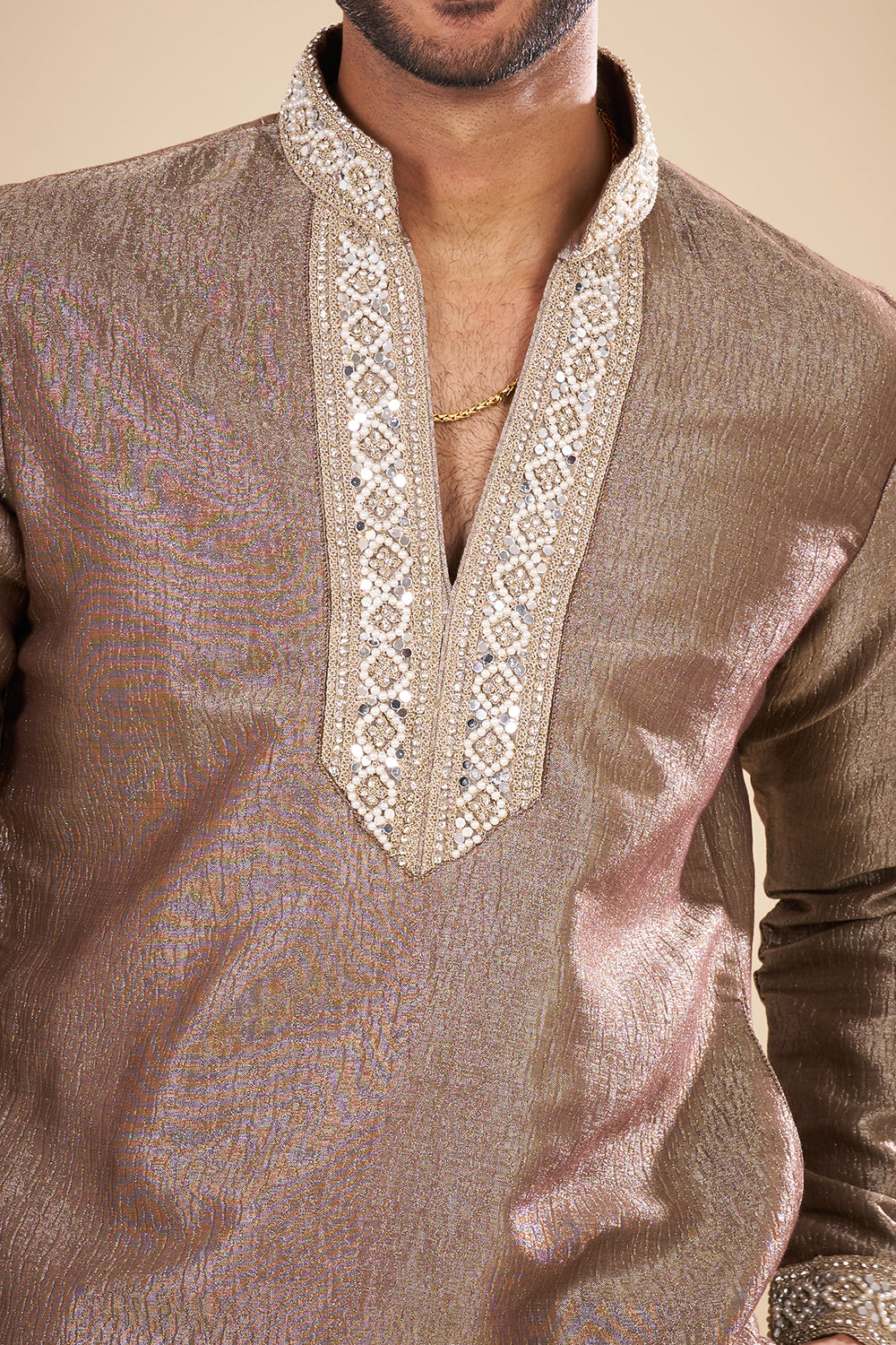Metallic Taupe Silk Kurta Set with Resham Embroidery