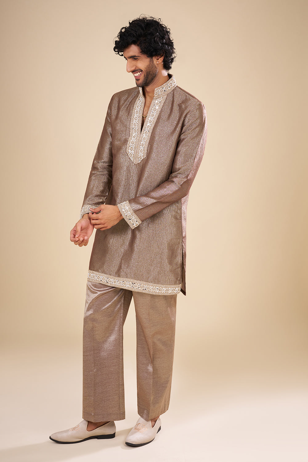 Metallic Taupe Silk Kurta Set with Resham Embroidery