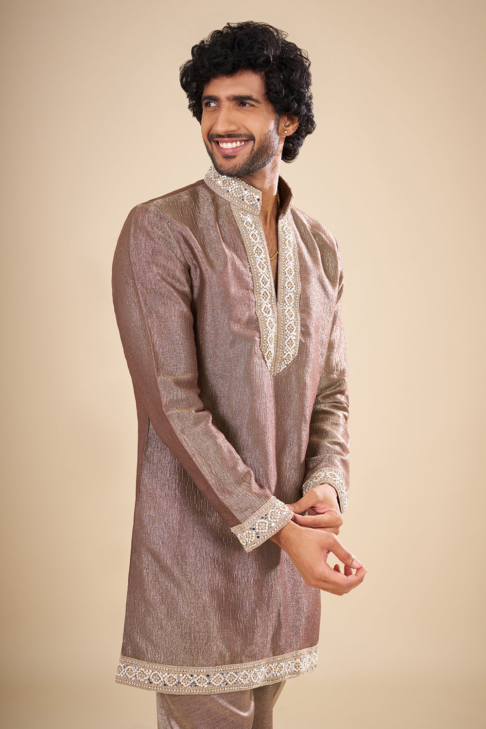 Metallic Taupe Silk Kurta Set with Resham Embroidery
