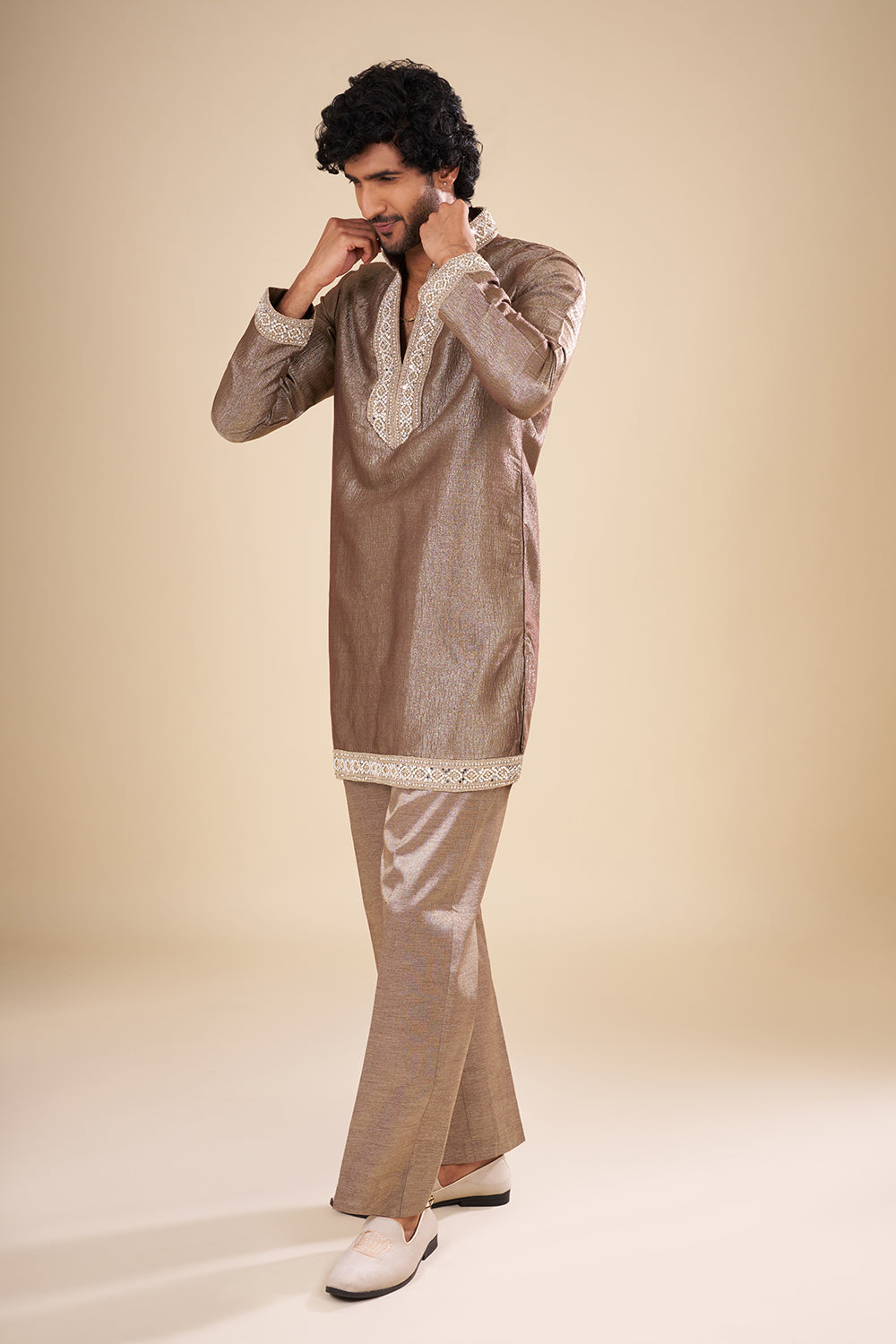 Metallic Taupe Silk Kurta Set with Resham Embroidery