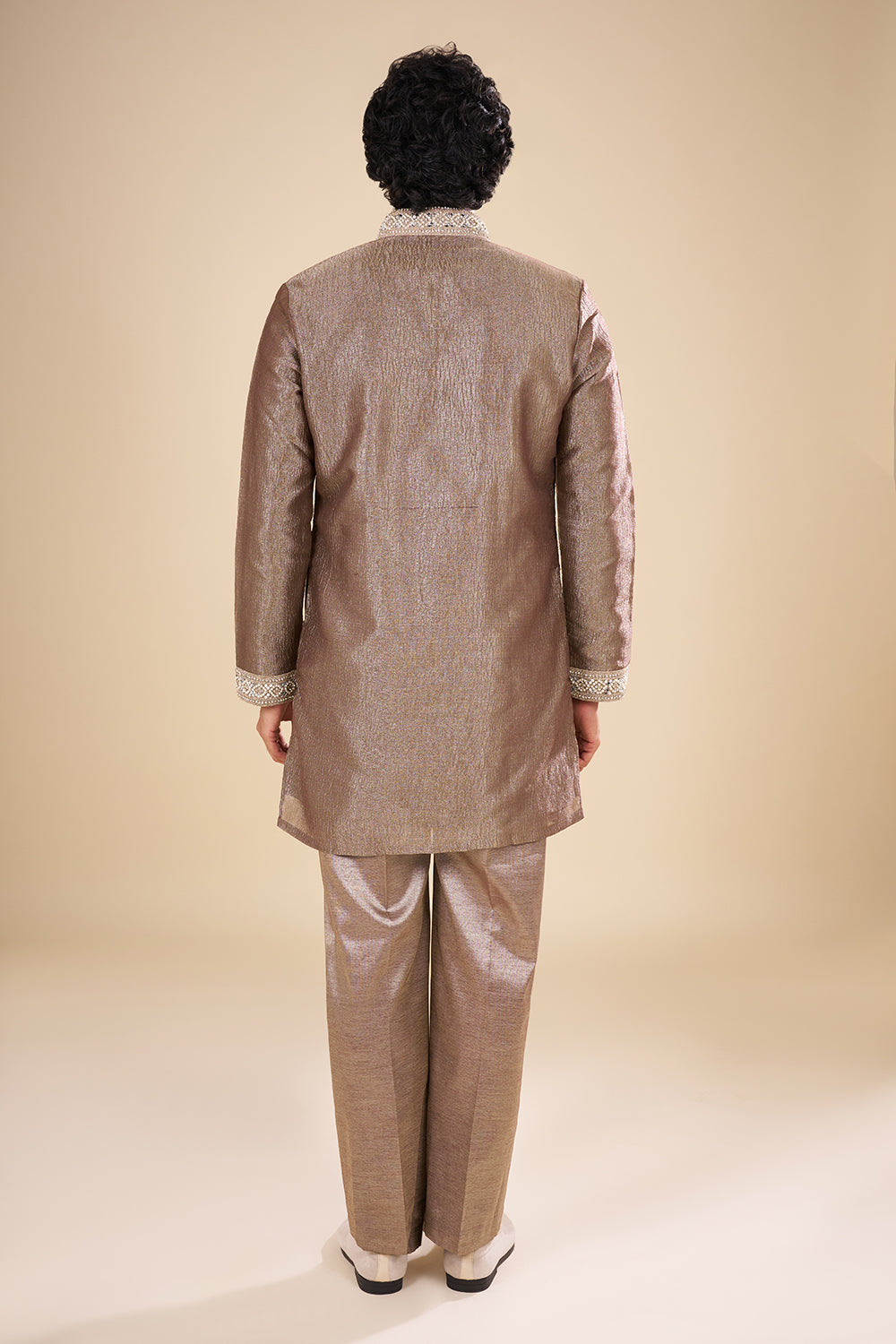 Metallic Taupe Silk Kurta Set with Resham Embroidery