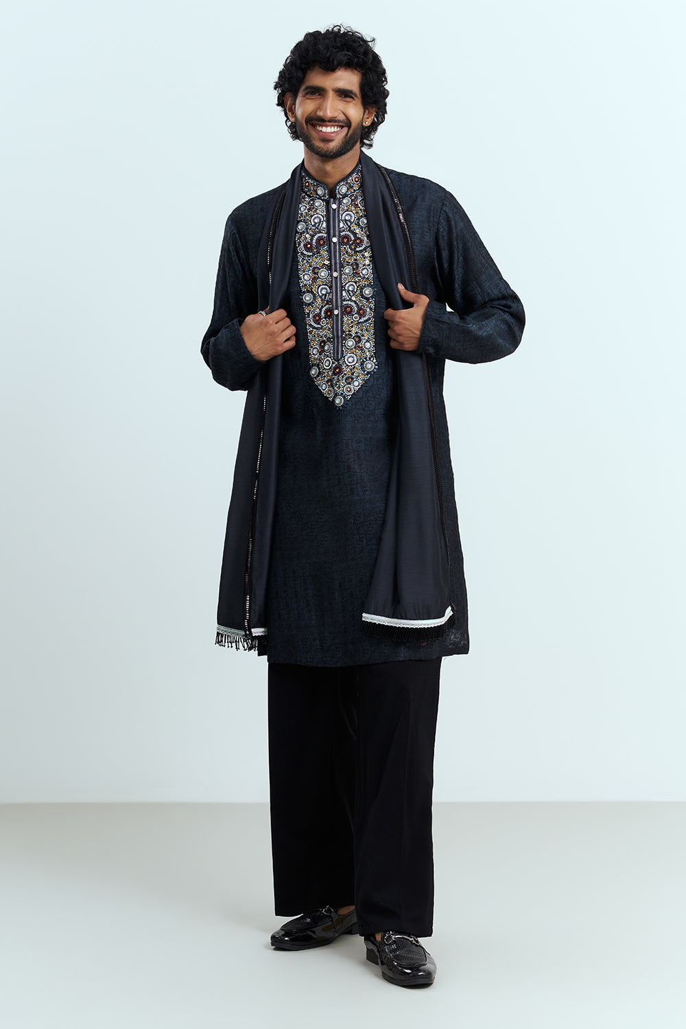 Midnight Black Embellished Men's Kurta Set
