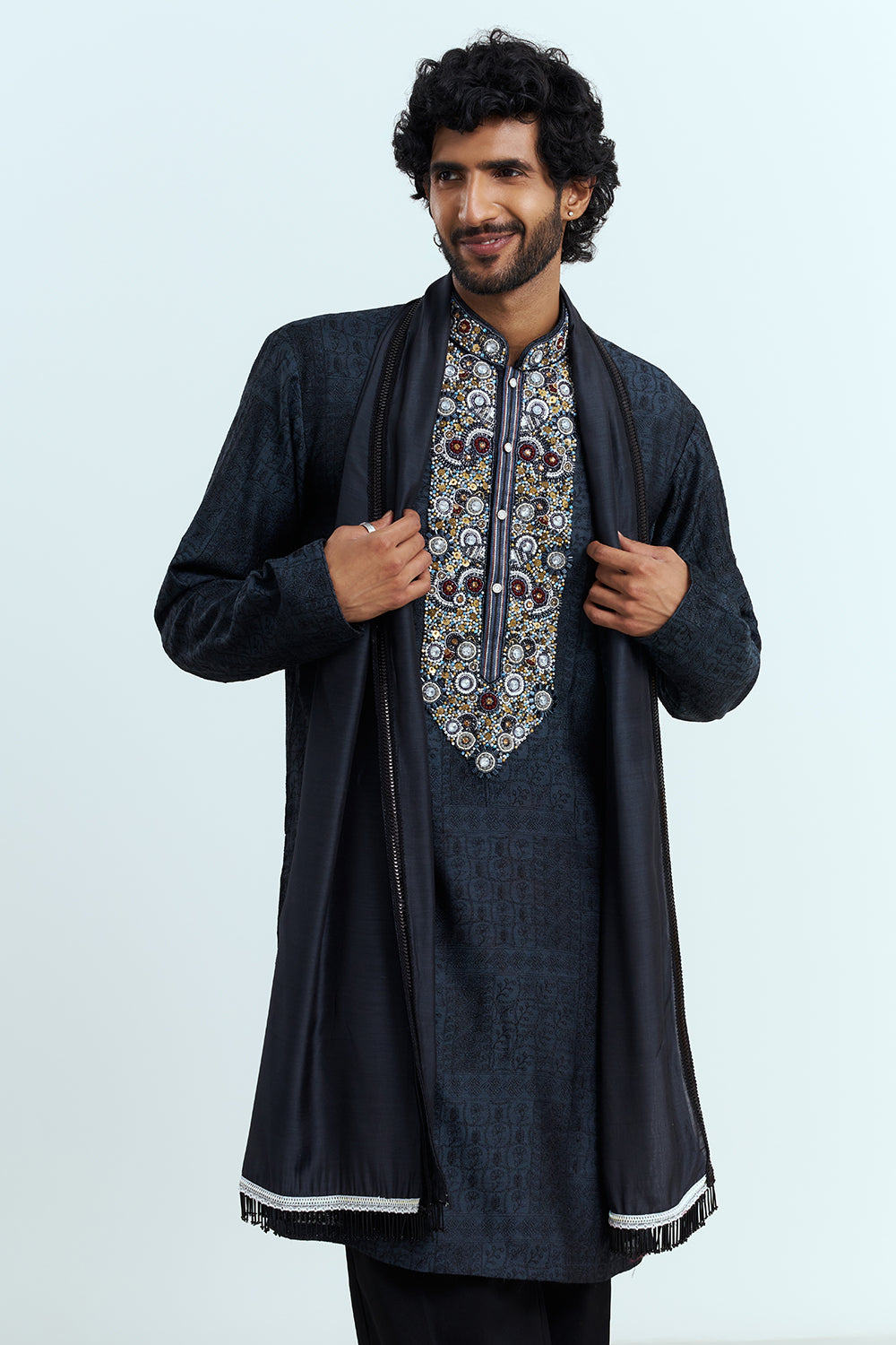 Midnight Black Embellished Men's Kurta Set