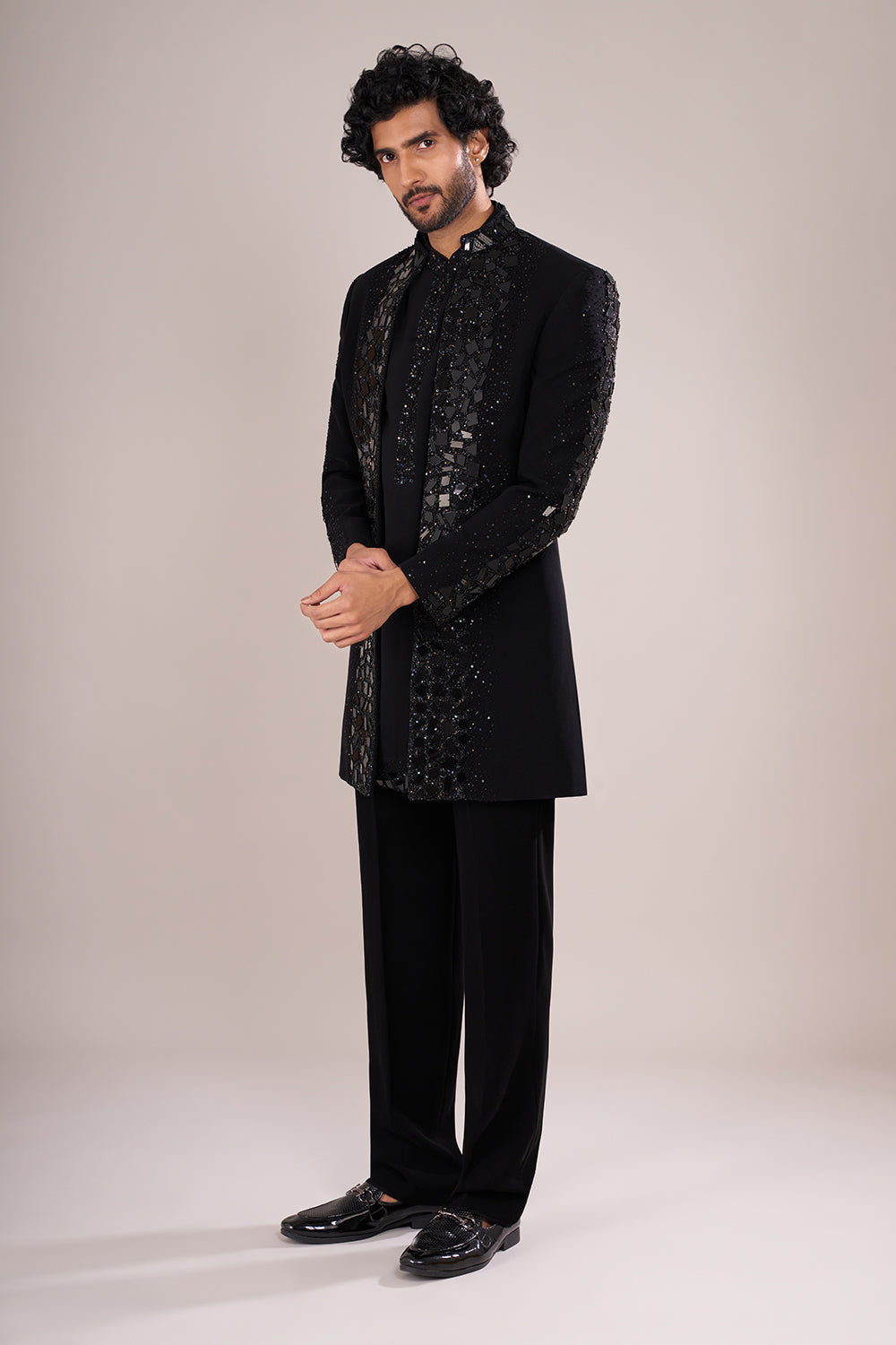 Midnight Black Men's Crepe Embellished Indo-Western Set