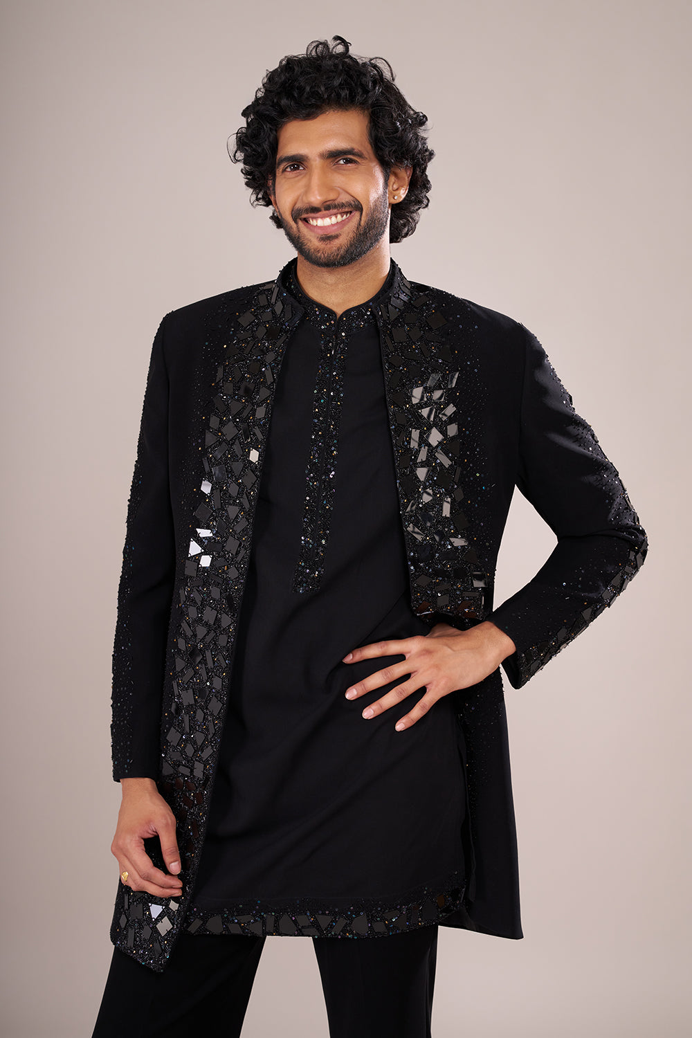 Midnight Black Men's Crepe Embellished Indo-Western Set