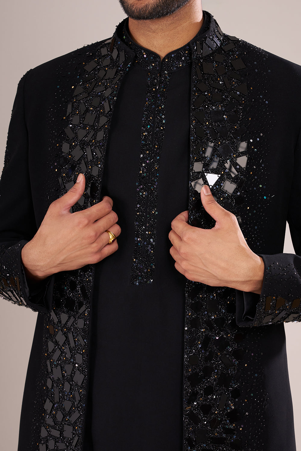 Midnight Black Men's Crepe Embellished Indo-Western Set
