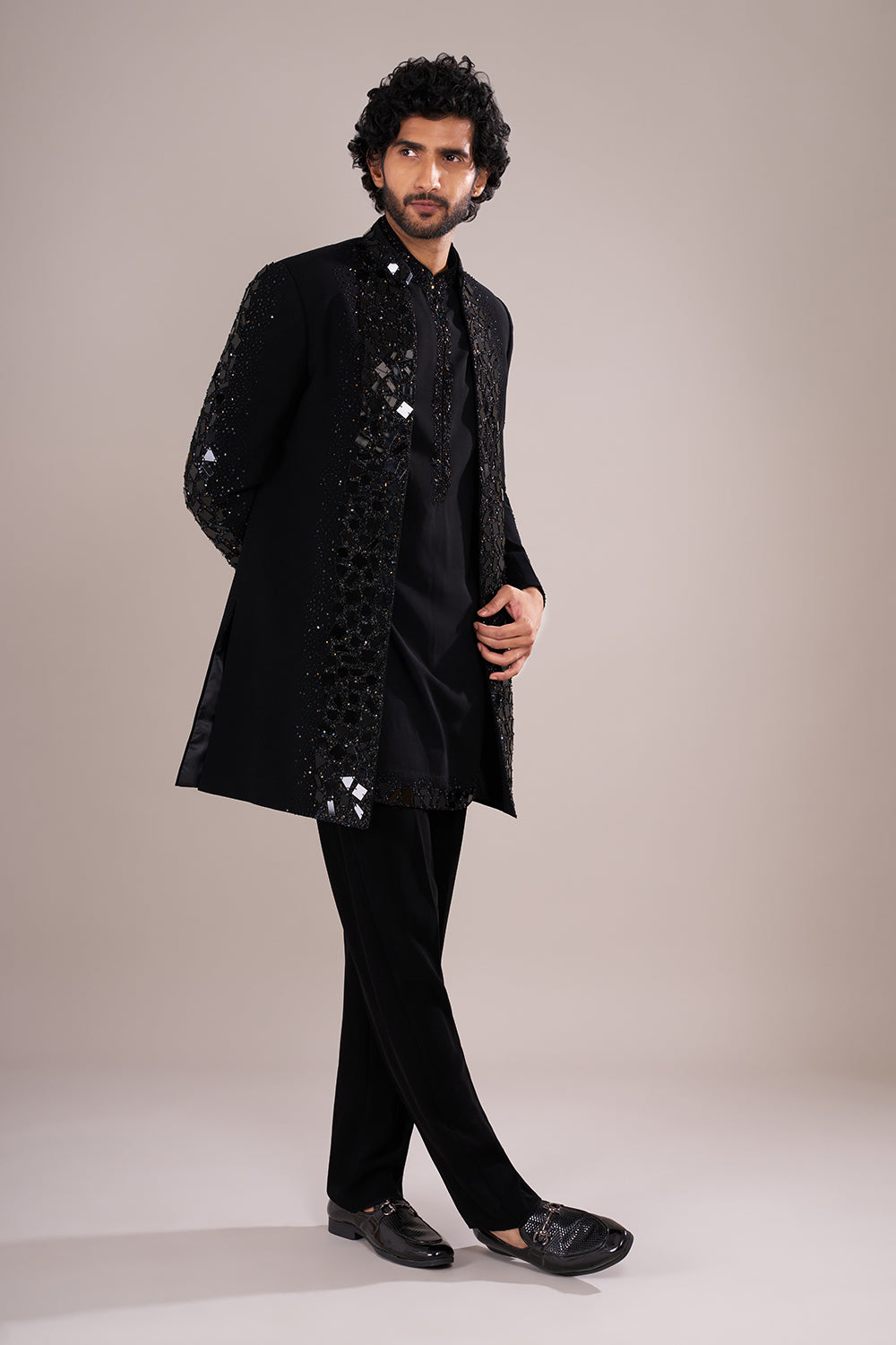 Midnight Black Men's Crepe Embellished Indo-Western Set