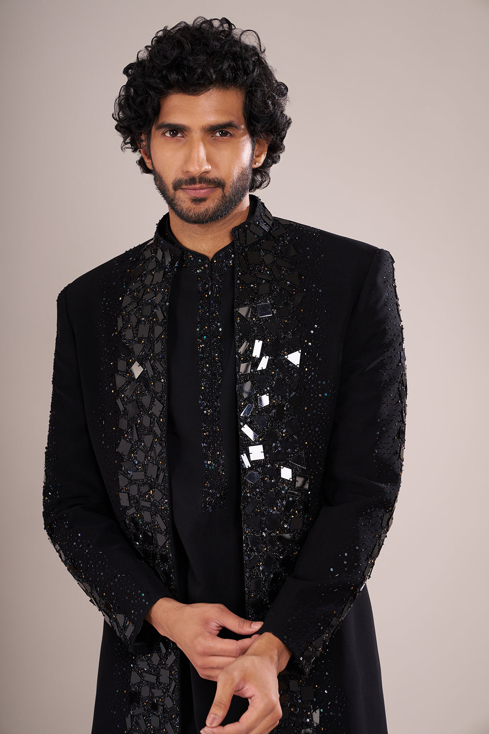 Midnight Black Men's Crepe Embellished Indo-Western Set