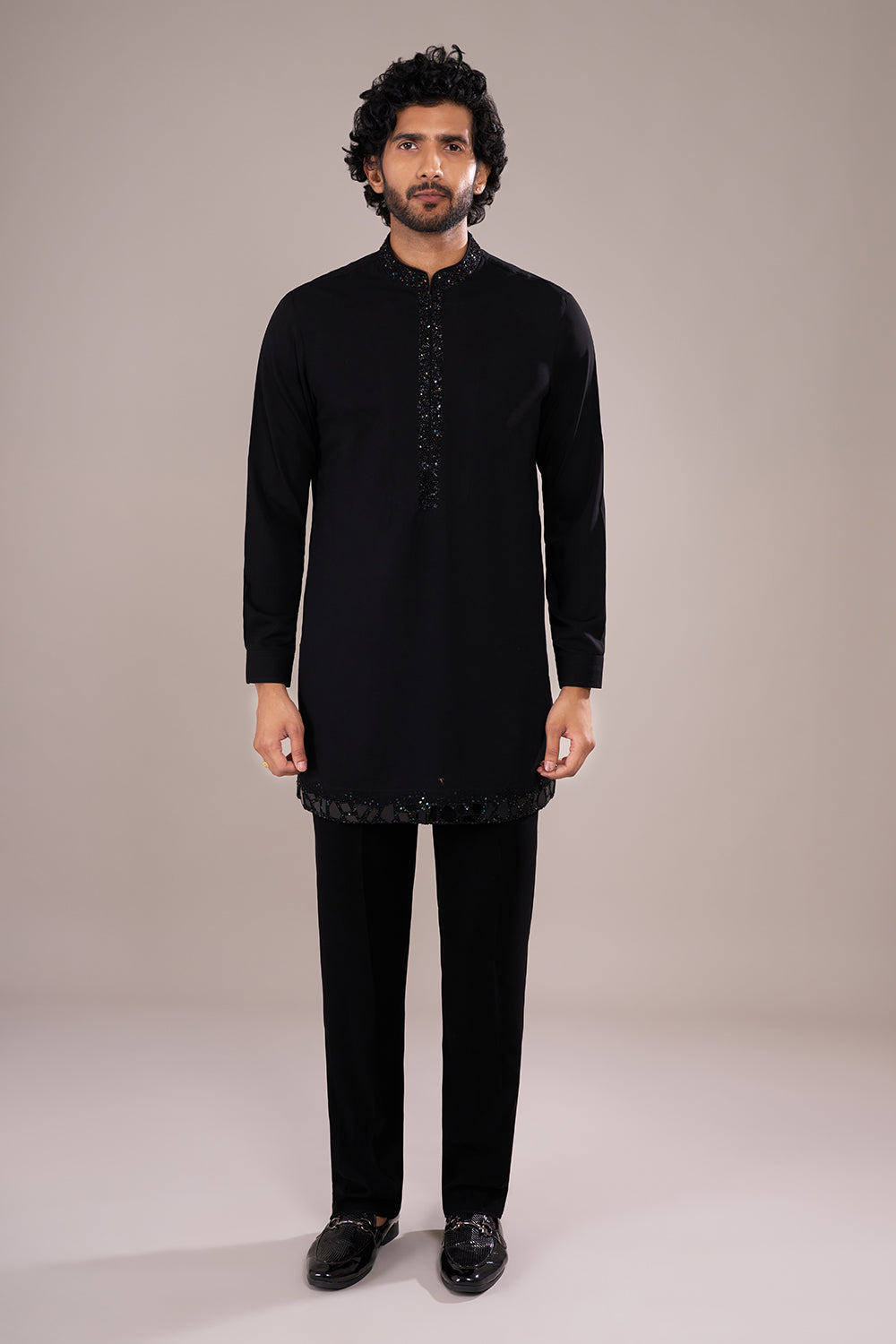 Midnight Black Men's Crepe Embellished Indo-Western Set