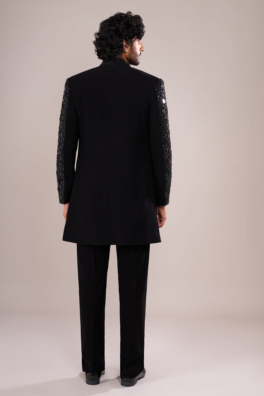 Midnight Black Men's Crepe Embellished Indo-Western Set