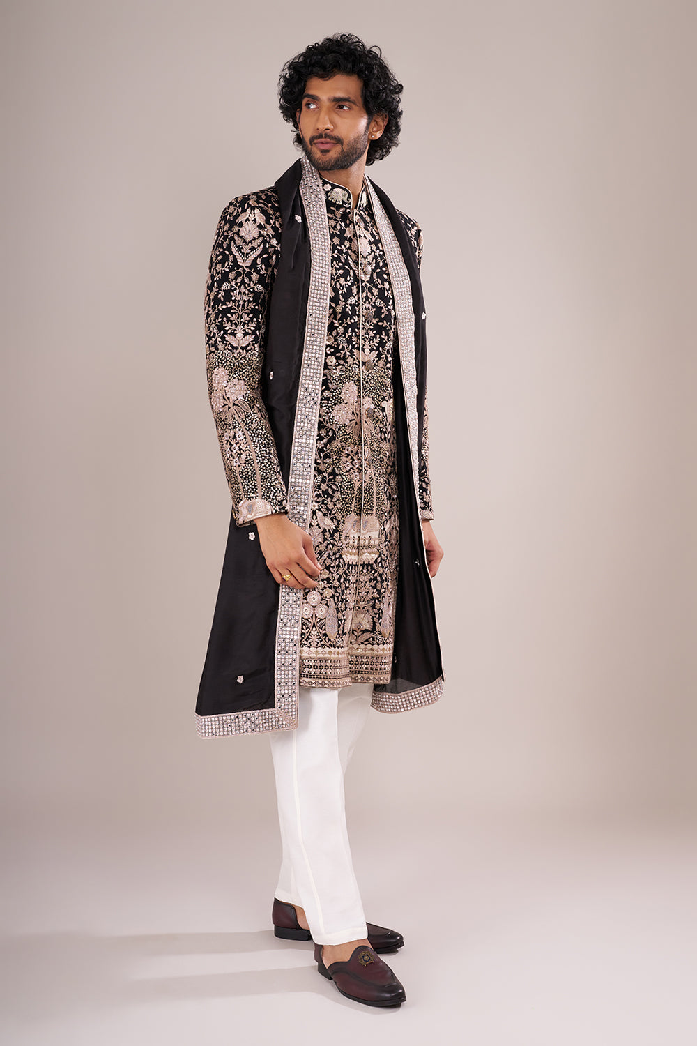 Midnight Black Men's Embroidered Silk Blend Sherwani Set
