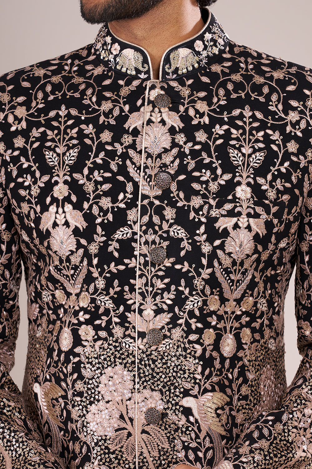 Midnight Black Men's Embroidered Silk Blend Sherwani Set