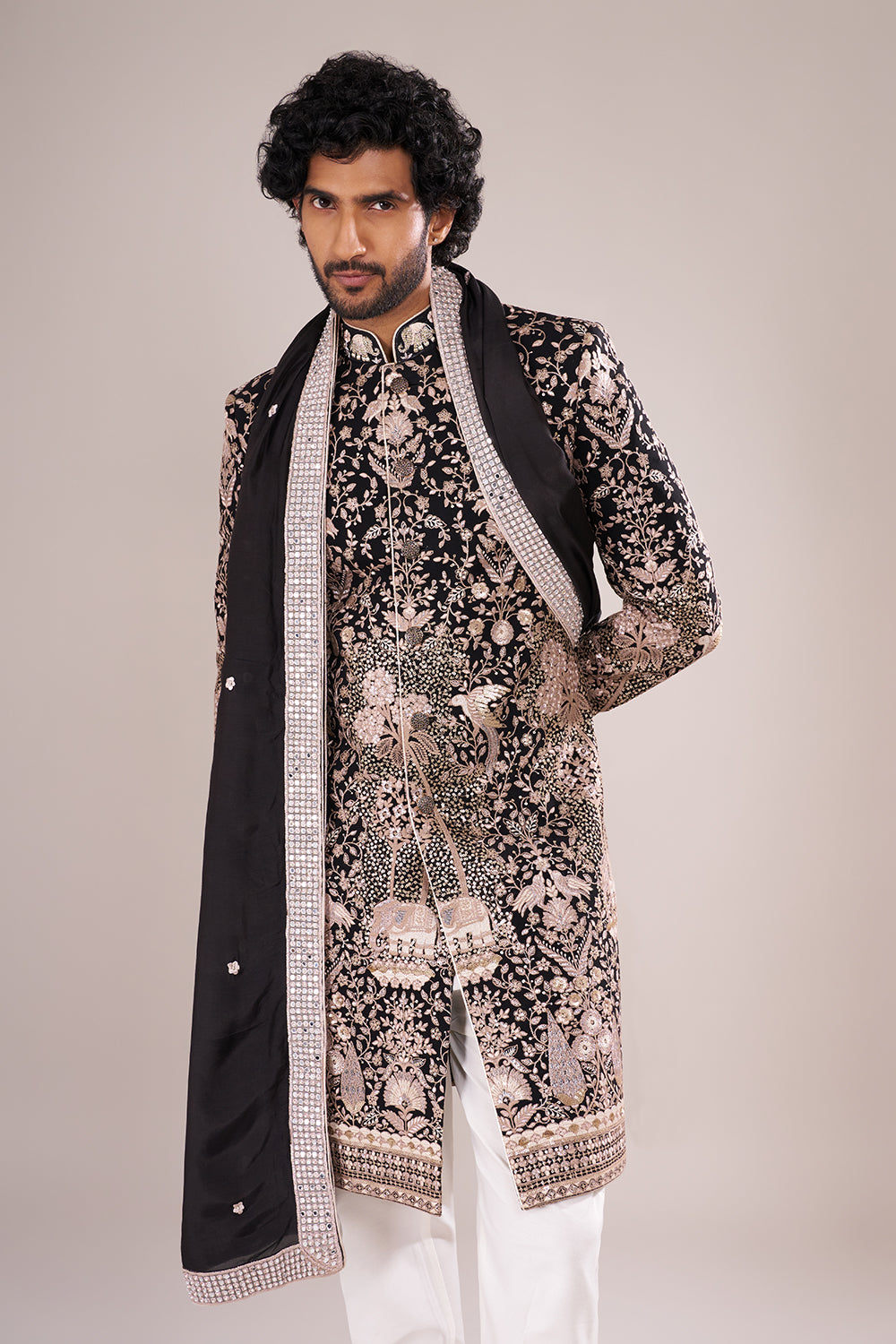 Midnight Black Men's Embroidered Silk Blend Sherwani Set