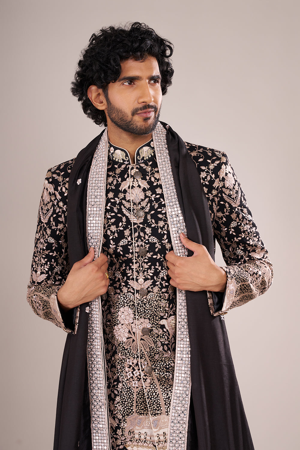 Midnight Black Men's Embroidered Silk Blend Sherwani Set