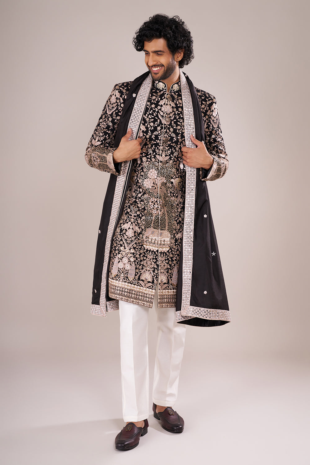 Midnight Black Men's Embroidered Silk Blend Sherwani Set
