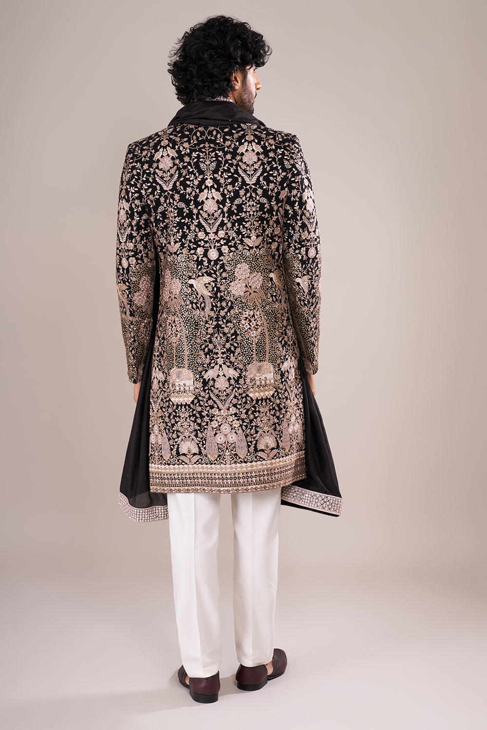 Midnight Black Men's Embroidered Silk Blend Sherwani Set