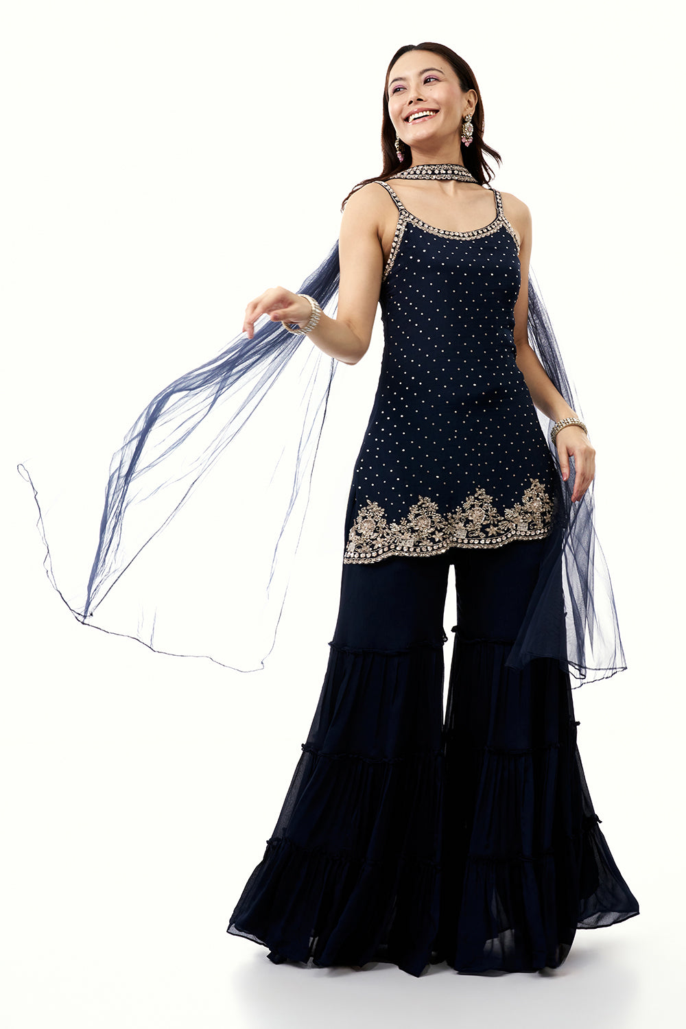 Midnight Blue Chinon Palazzo Set with Cutdana and Sequin Work