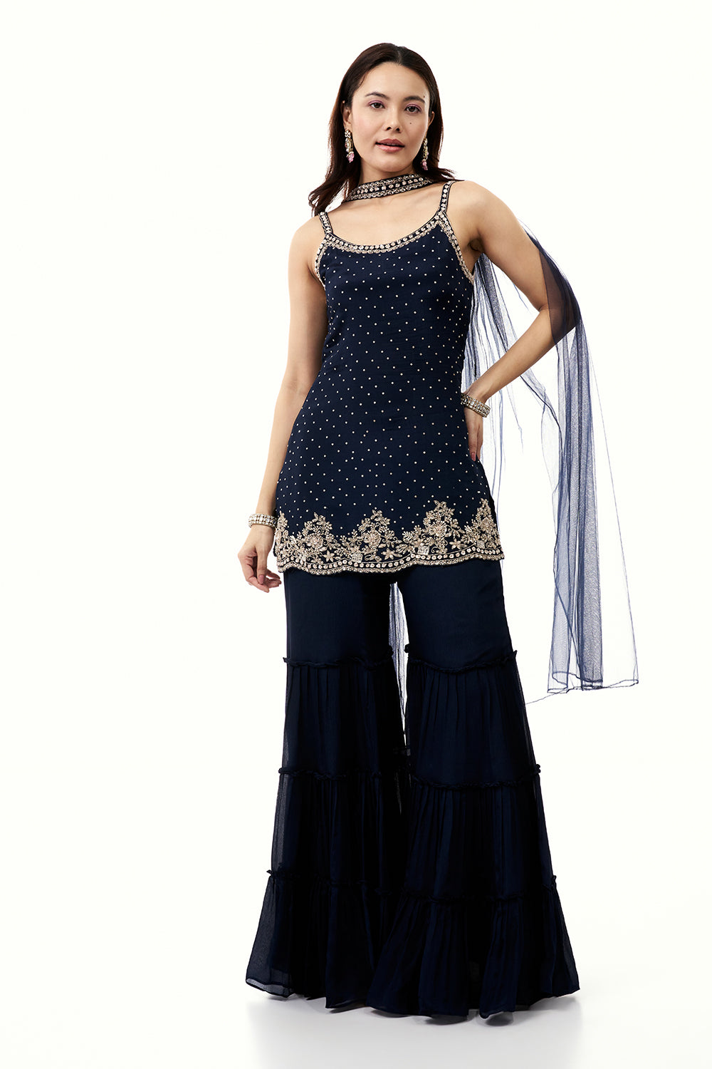 Midnight Blue Chinon Palazzo Set with Cutdana and Sequin Work