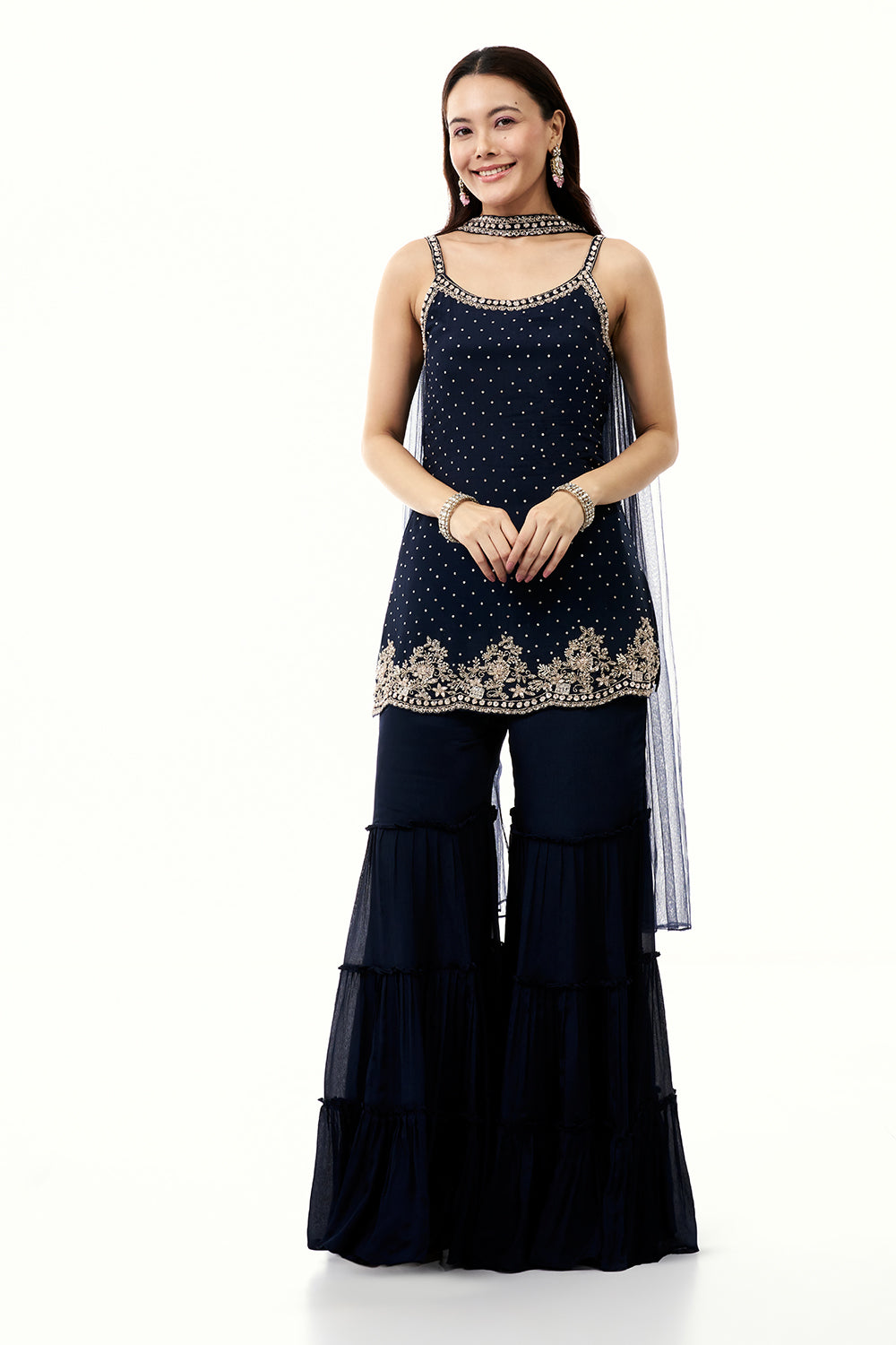 Midnight Blue Chinon Palazzo Set with Cutdana and Sequin Work
