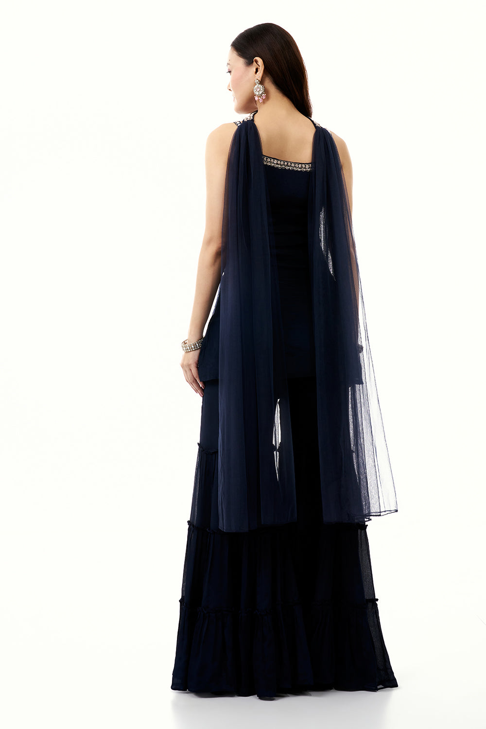 Midnight Blue Chinon Palazzo Set with Cutdana and Sequin Work