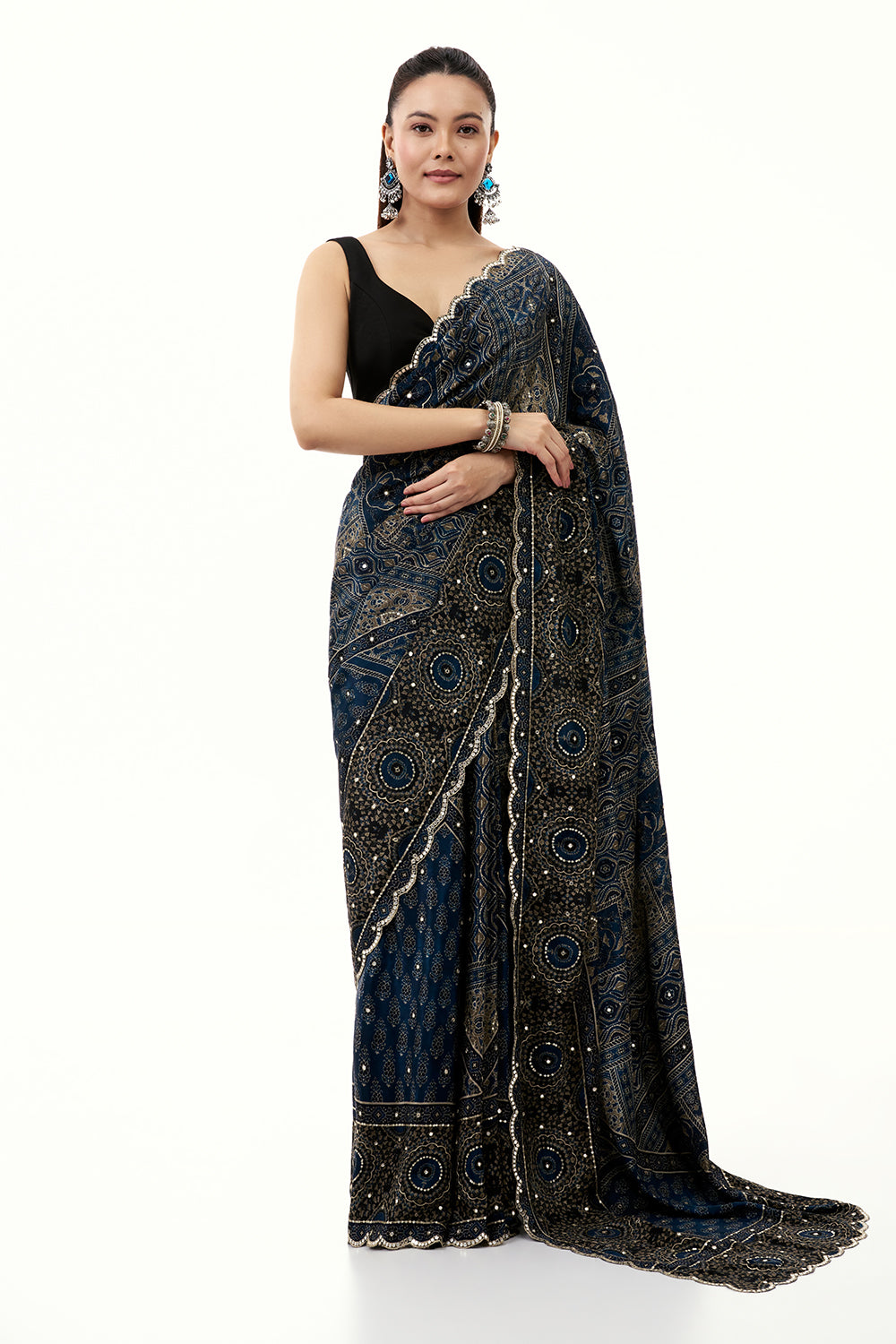 Midnight Blue Crepe Printed Saree with Mirror and Zari Work