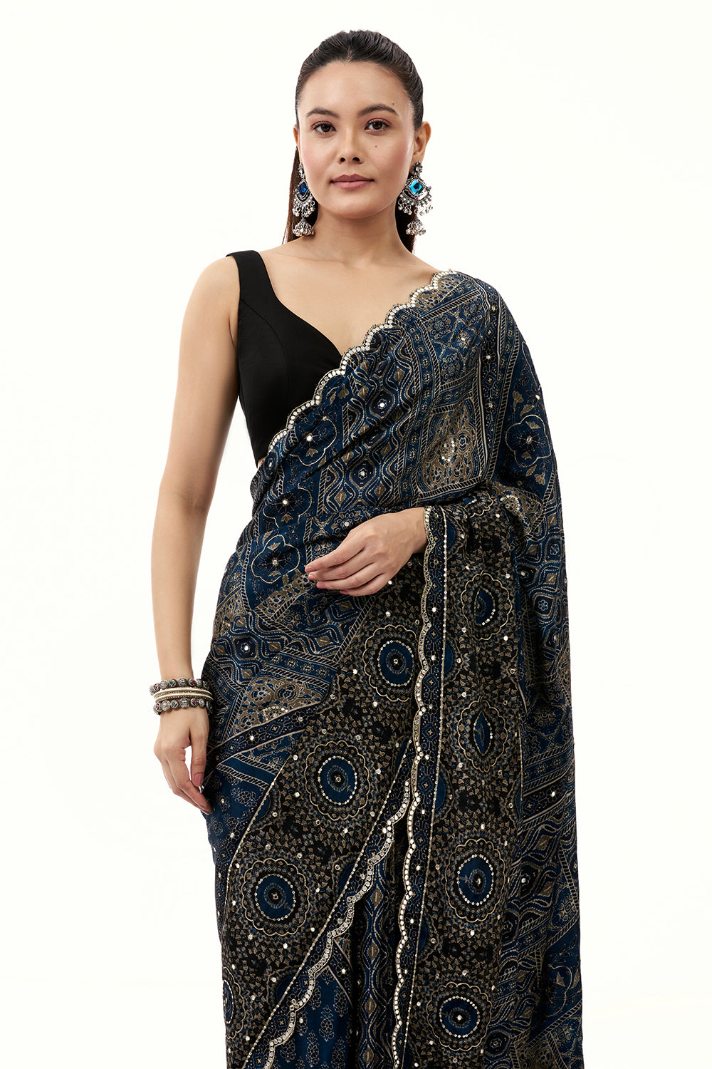 Midnight Blue Crepe Printed Saree with Mirror and Zari Work
