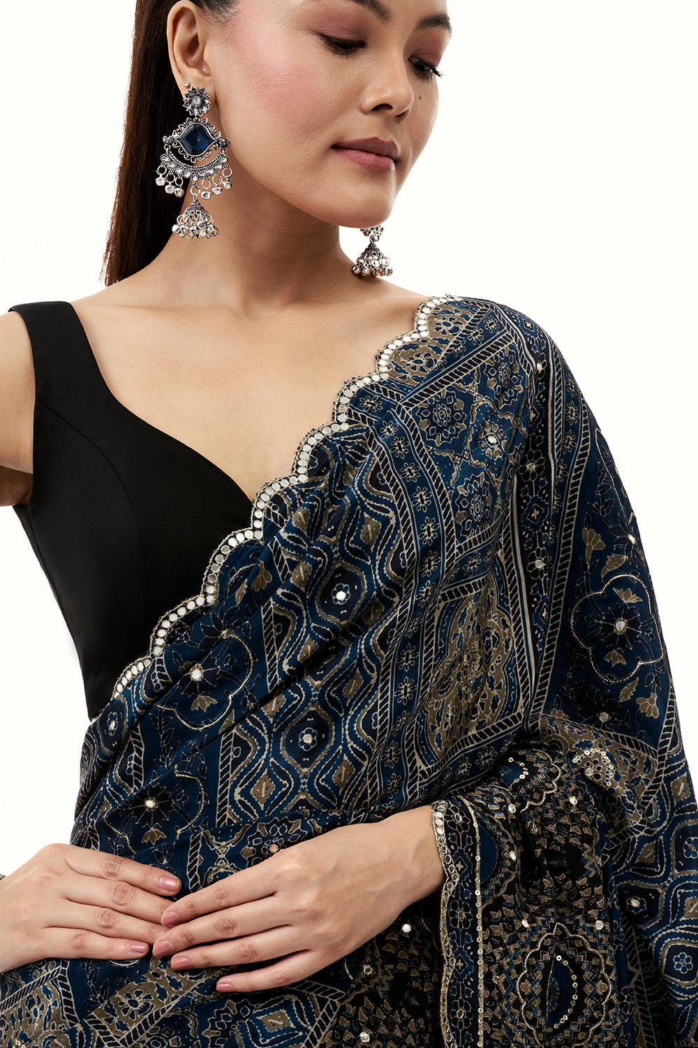 Midnight Blue Crepe Printed Saree with Mirror and Zari Work