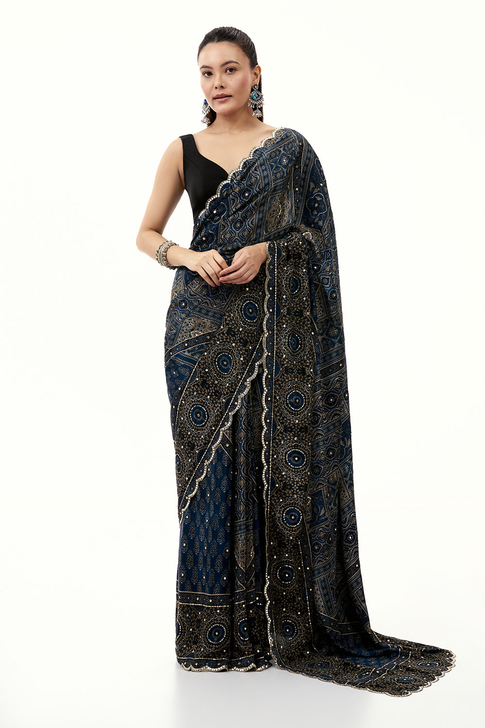 Midnight Blue Crepe Printed Saree with Mirror and Zari Work