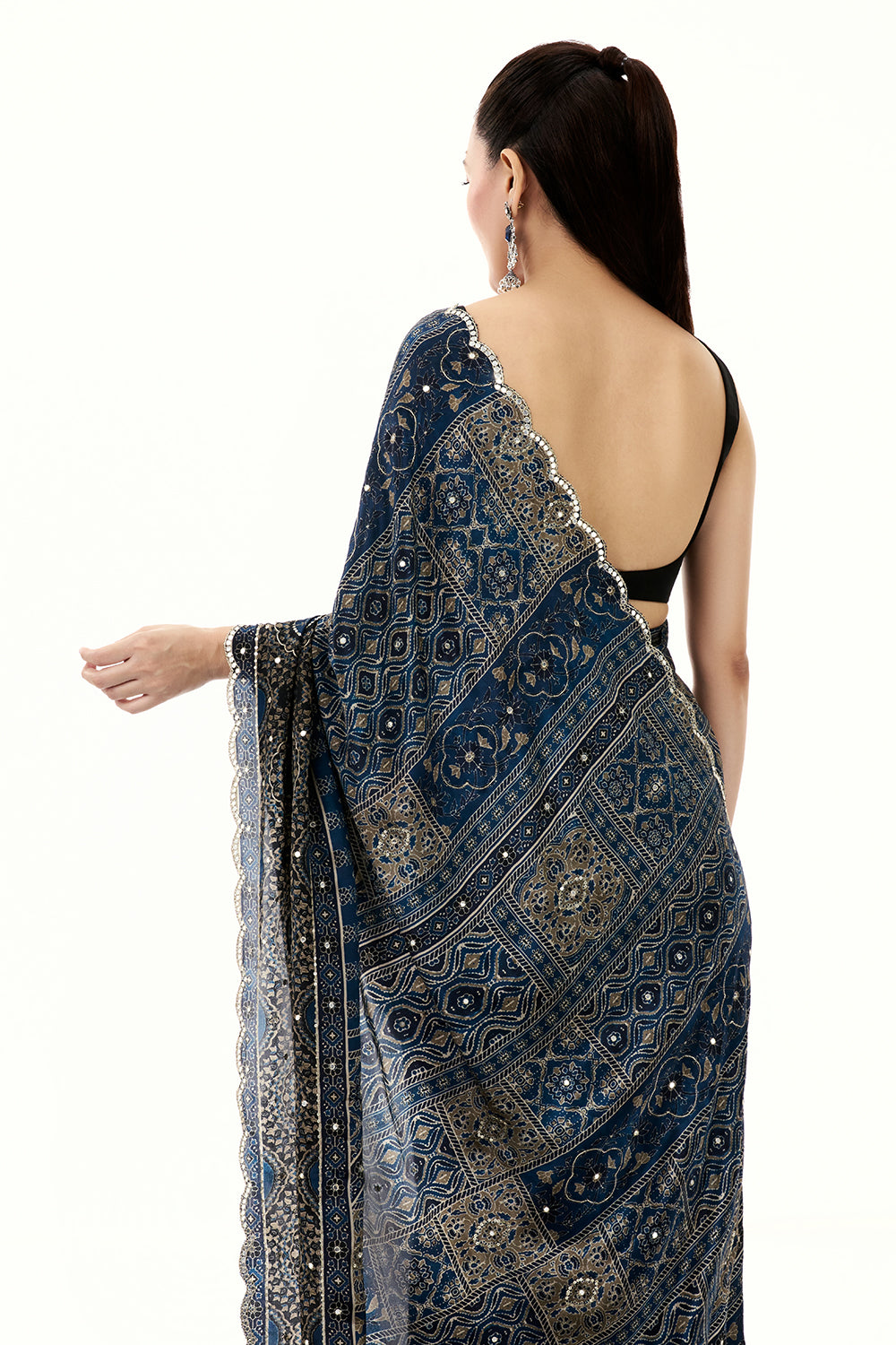 Midnight Blue Crepe Printed Saree with Mirror and Zari Work