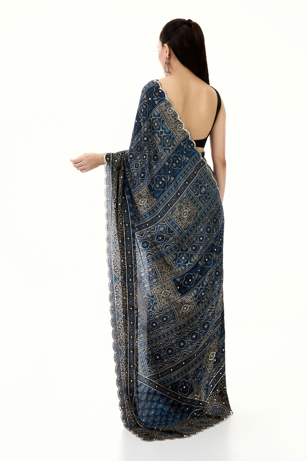 Midnight Blue Crepe Printed Saree with Mirror and Zari Work