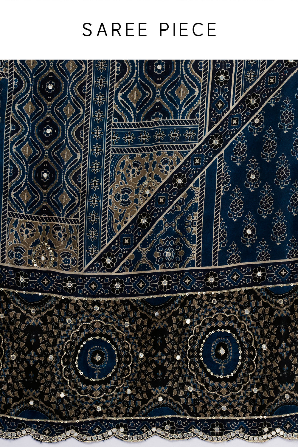 Midnight Blue Crepe Printed Saree with Mirror and Zari Work