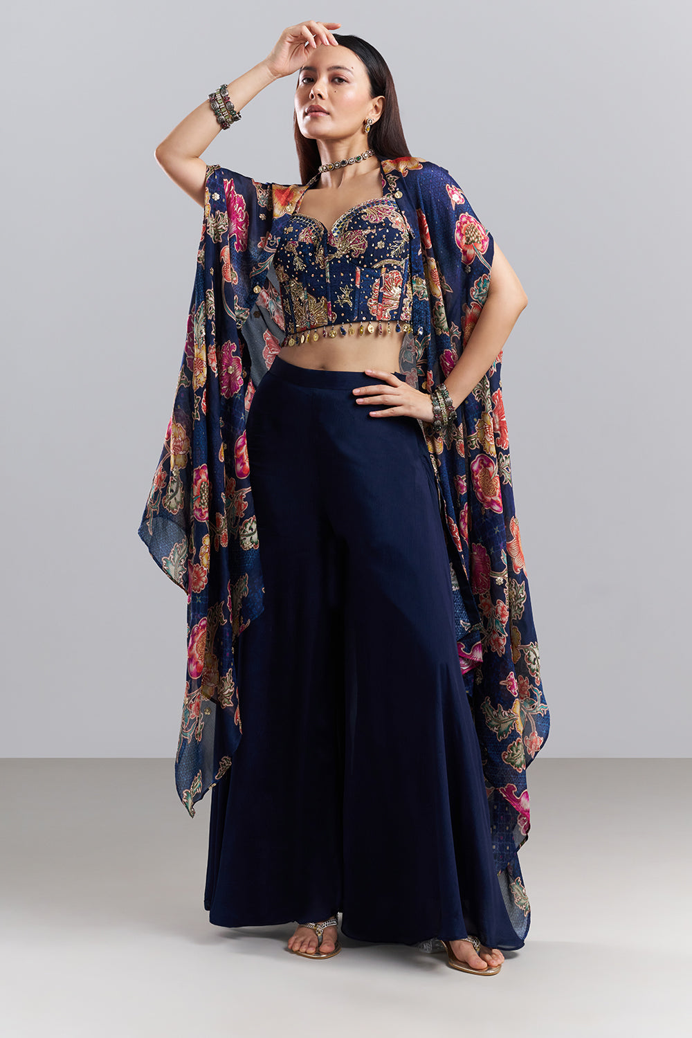 Midnight Blue Embellished Bralette Palazzo Set with Floral Printed Cape