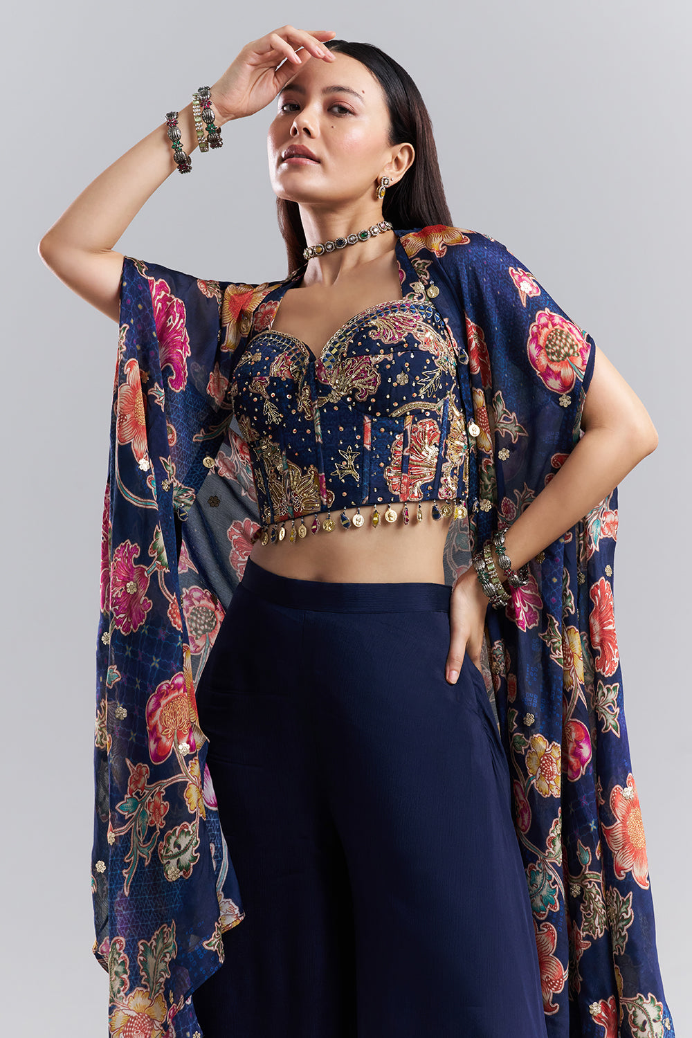Midnight Blue Embellished Bralette Palazzo Set with Floral Printed Cape