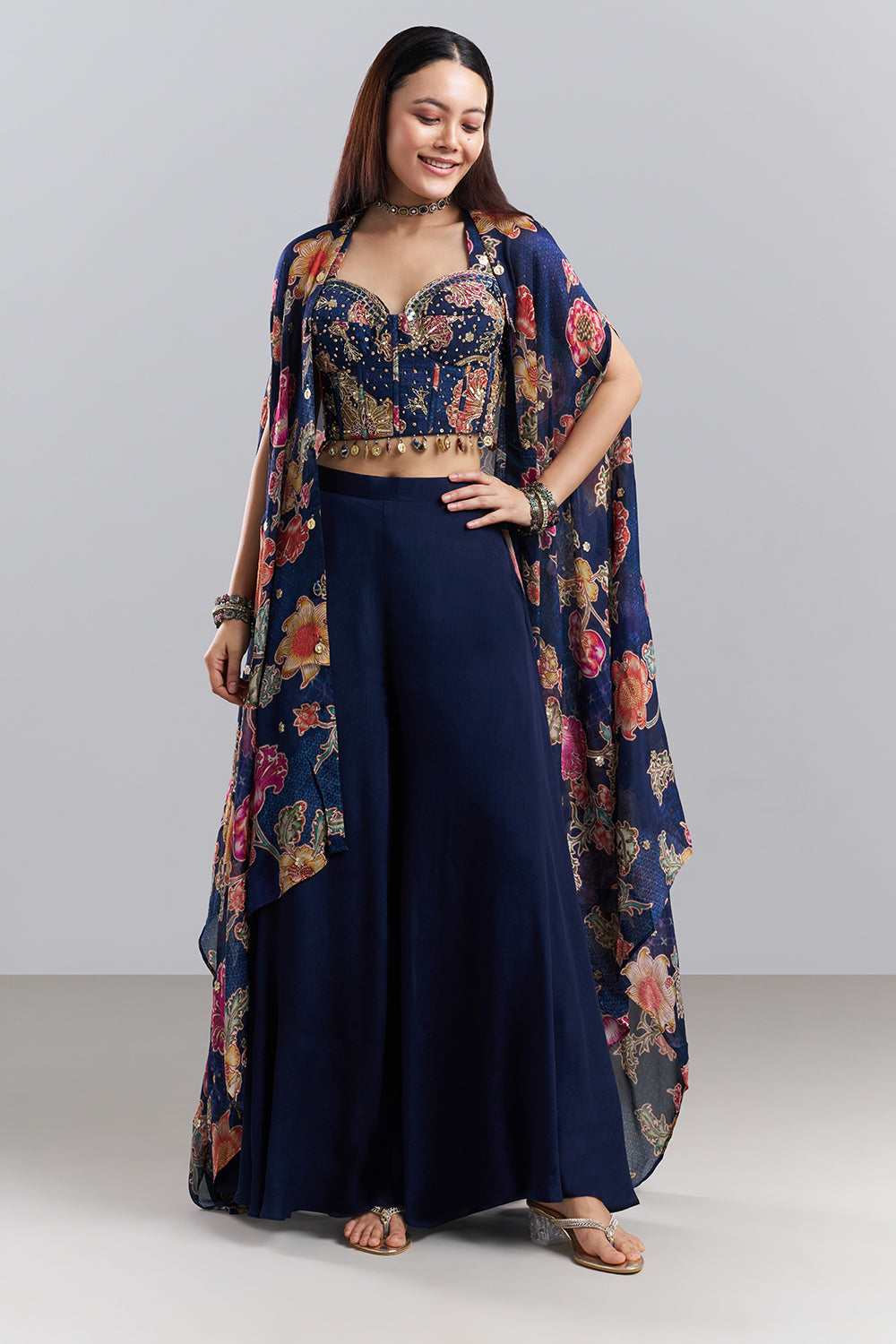 Midnight Blue Embellished Bralette Palazzo Set with Floral Printed Cape