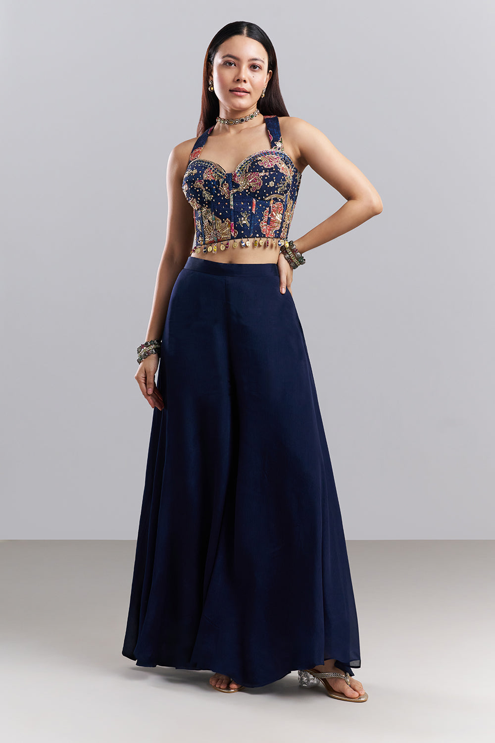 Midnight Blue Embellished Bralette Palazzo Set with Floral Printed Cape
