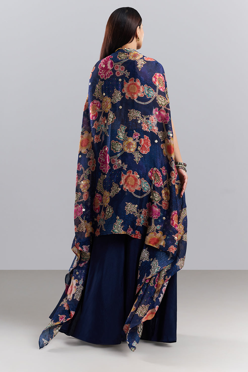 Midnight Blue Embellished Bralette Palazzo Set with Floral Printed Cape