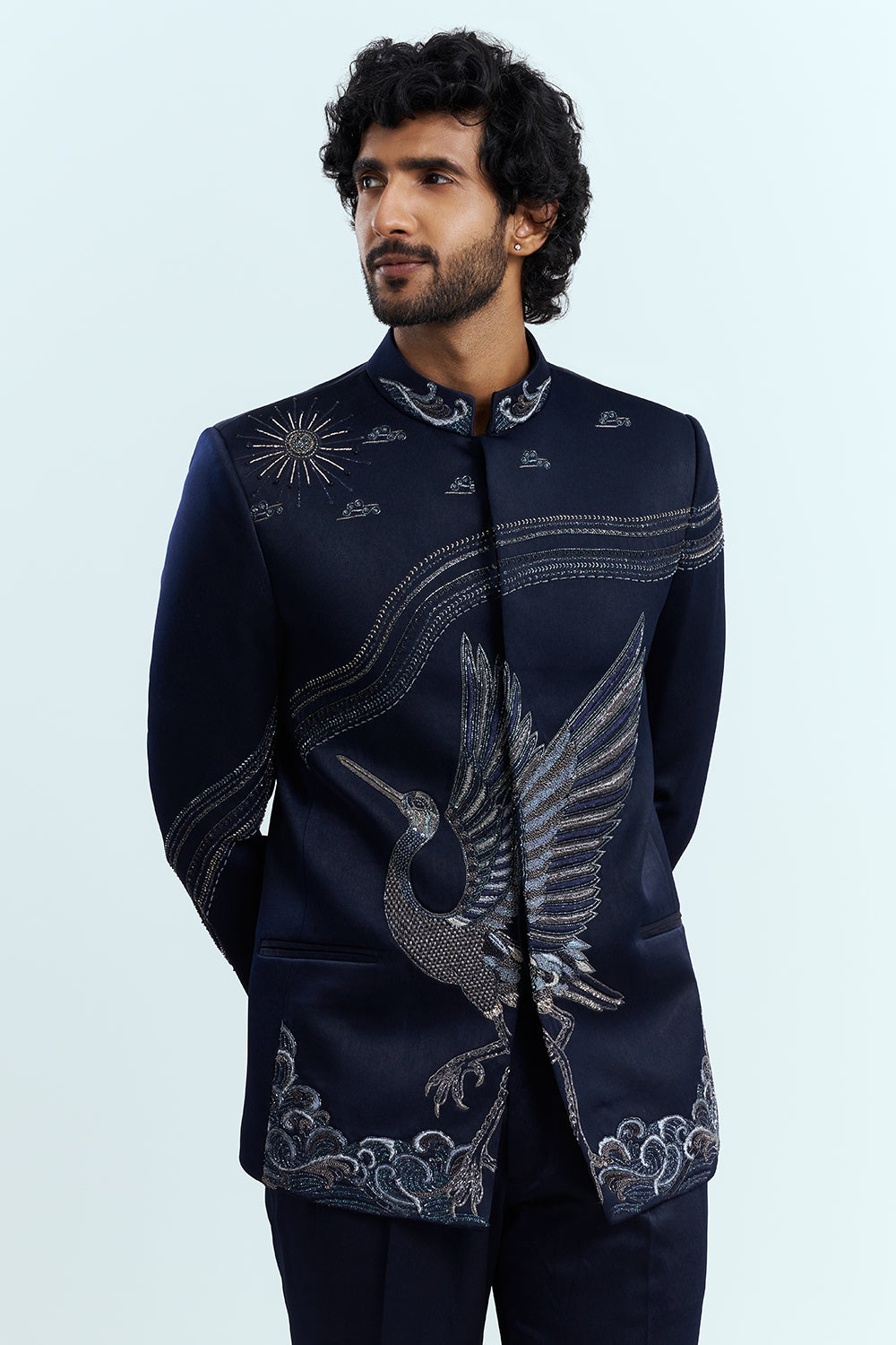 Midnight Blue Embroidered Bandhgala Set