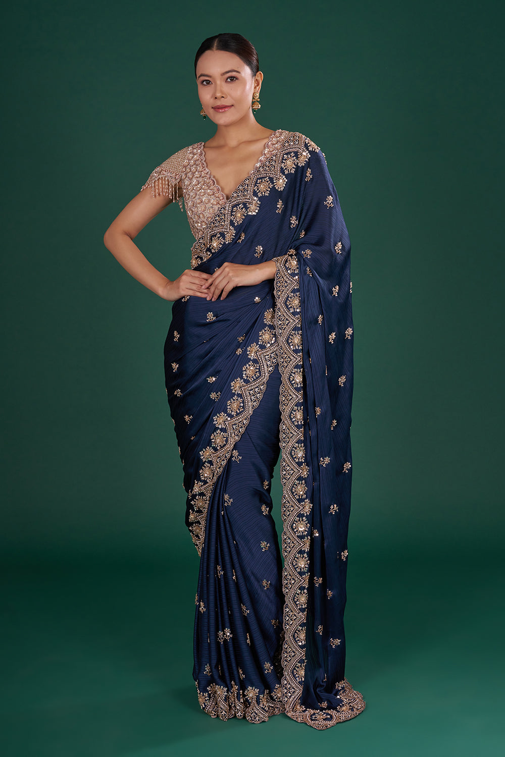 Midnight Blue Saree with Zari Work and Unstitched Blouse