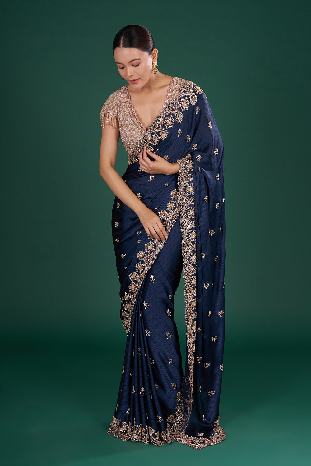 Midnight Blue Saree with Zari Work and Unstitched Blouse