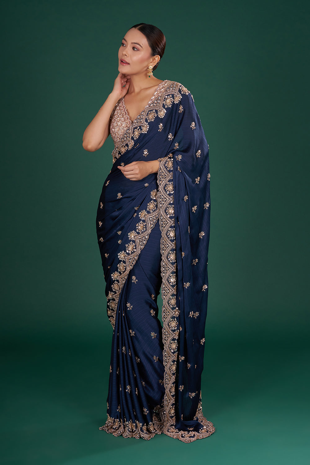 Midnight Blue Saree with Zari Work and Unstitched Blouse