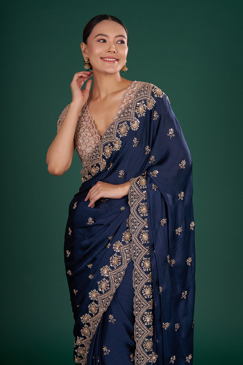 Midnight Blue Saree with Zari Work and Unstitched Blouse