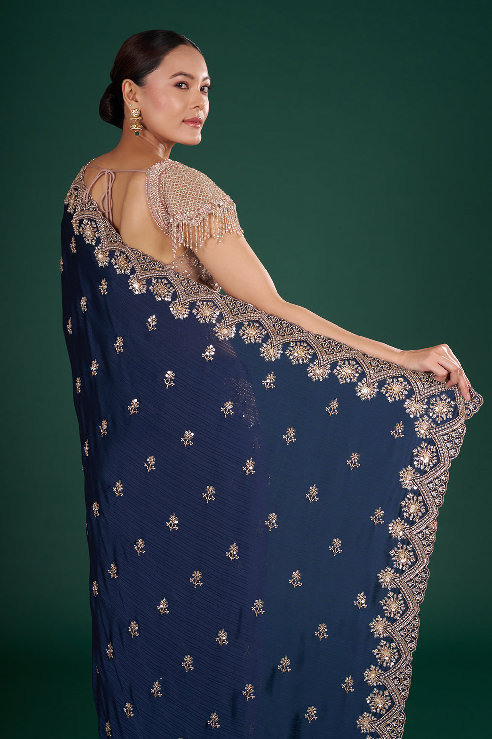 Midnight Blue Saree with Zari Work and Unstitched Blouse