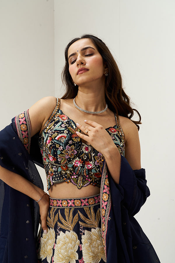 Midnight Blue Embroidered Silk Bridesmaid Lehenga Set