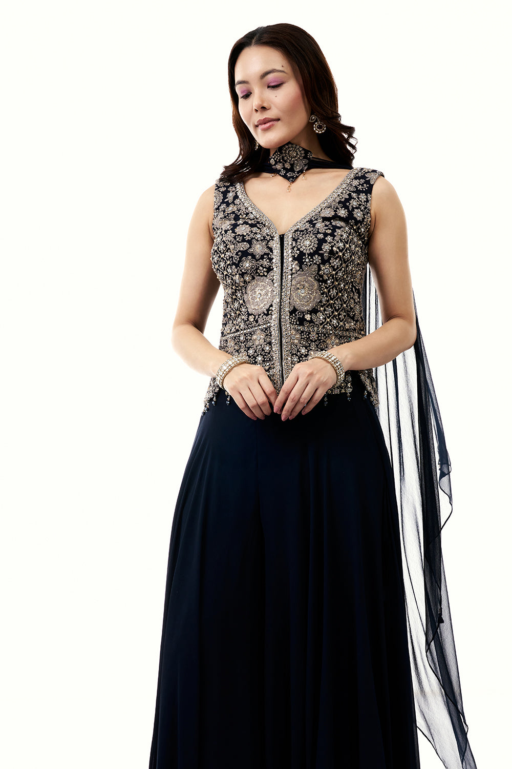 Midnight Blue Georgette Palazzo Set with Mirror and Zari Work