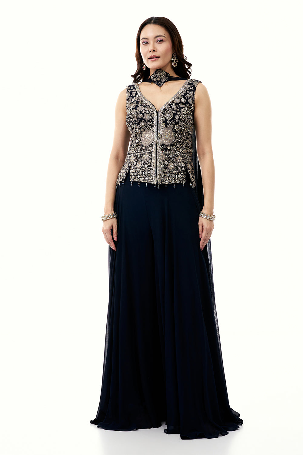 Midnight Blue Georgette Palazzo Set with Mirror and Zari Work