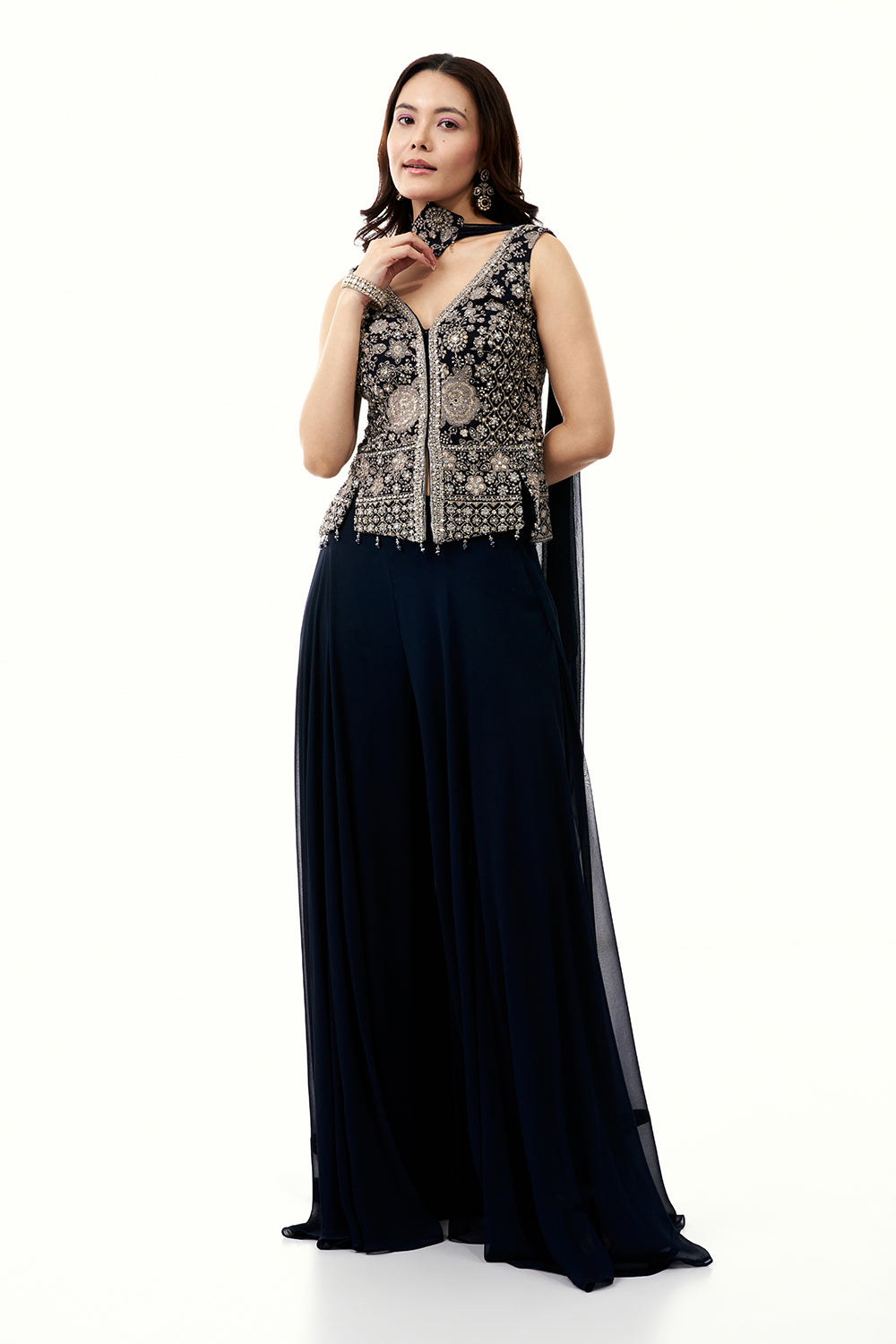 Midnight Blue Georgette Palazzo Set with Mirror and Zari Work