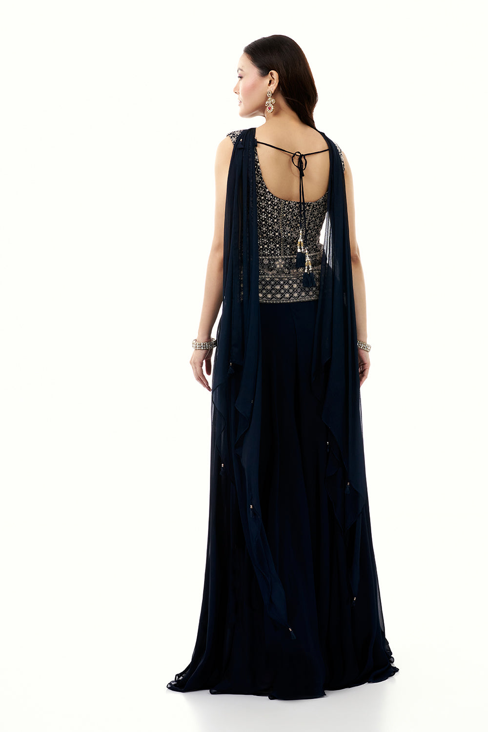 Midnight Blue Georgette Palazzo Set with Mirror and Zari Work