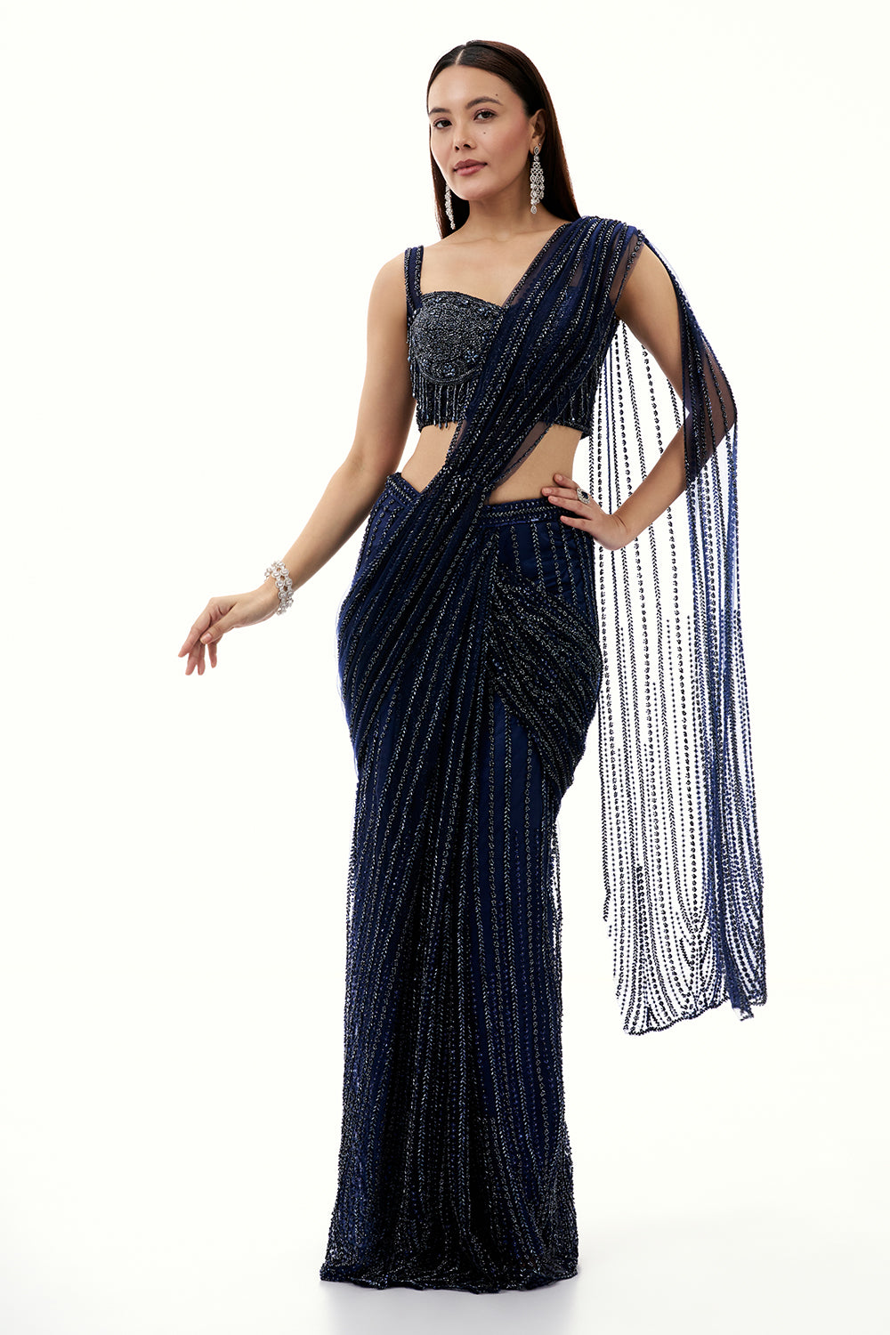 Midnight Blue Net Ready Pleated Saree with Cutdana and Bead Work