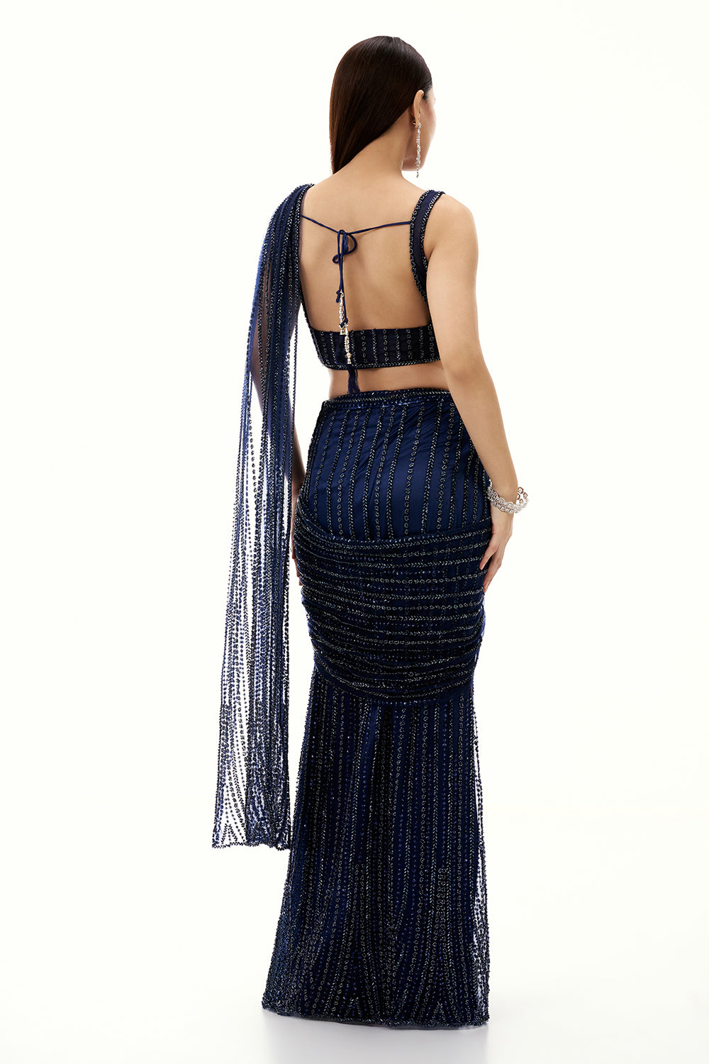 Midnight Blue Net Ready Pleated Saree with Cutdana and Bead Work